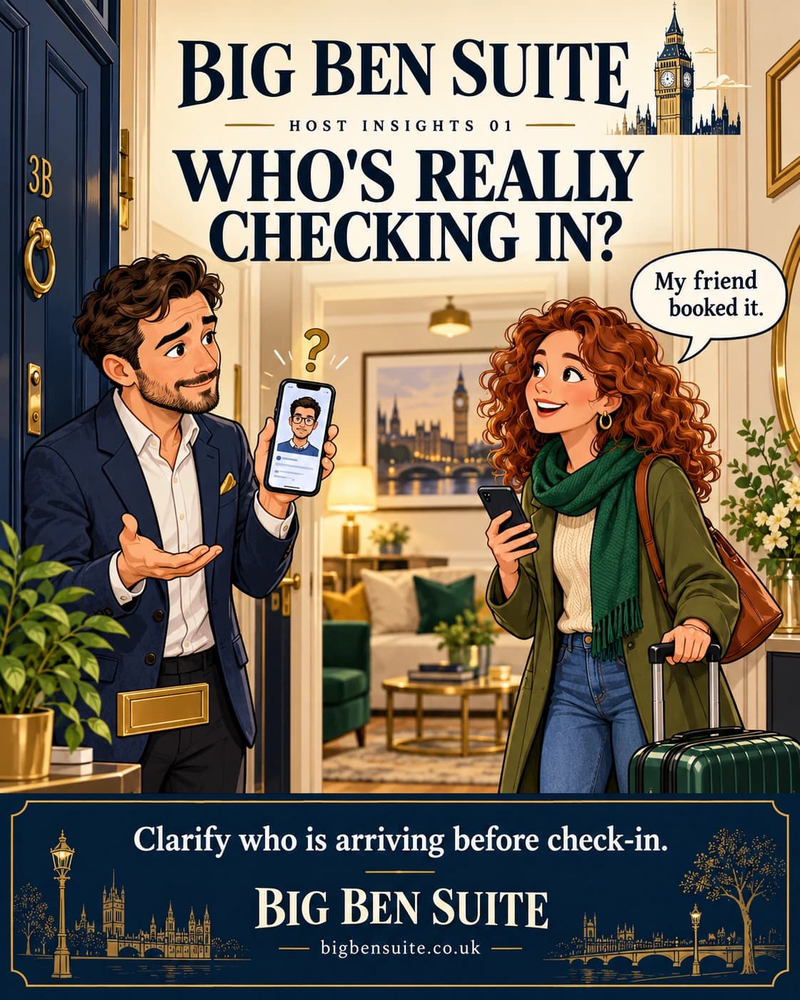 Big Ben Suite host insights: a host compares the booking profile with a different arriving guest. Clarify who is arriving before check-in.